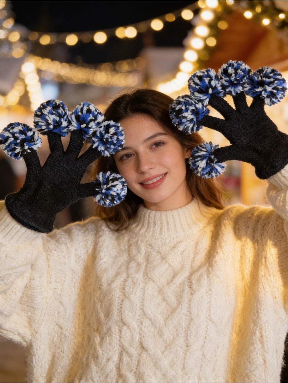 Cozy Black Pom-Pom Knit Gloves Pom Pom Fingers